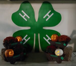 4-H logo with jack-o-lanterns in front of it.