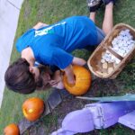 A child reaches into a pumpkin.