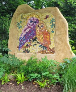 artwork of owls on rock located in Berkshire Botanical Gardens
