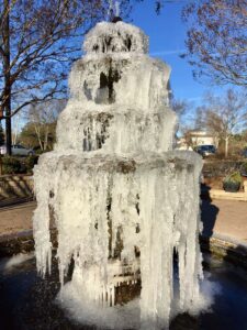 3 tier fountain frozen with water